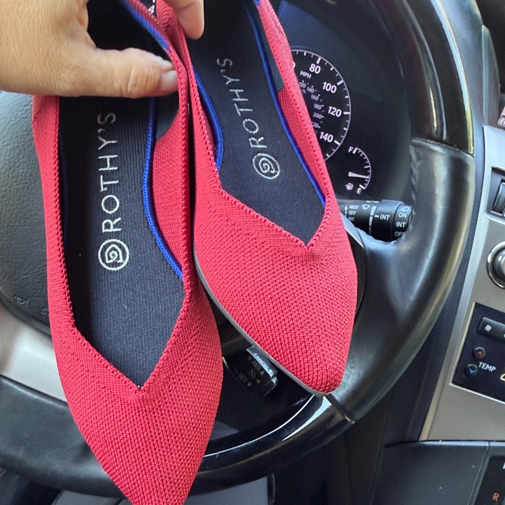 Rothy's Red Pointed Knit Flats with Navy Insole Trim worn a few times